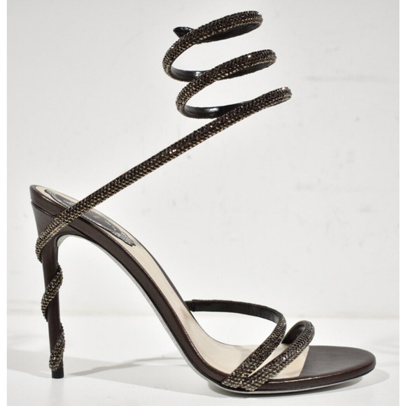 Rene Caovilla Margot Brown Crystal Snake Ankle Wrap Strap Sandal Heel Pump 38 - Picture 2 of 12